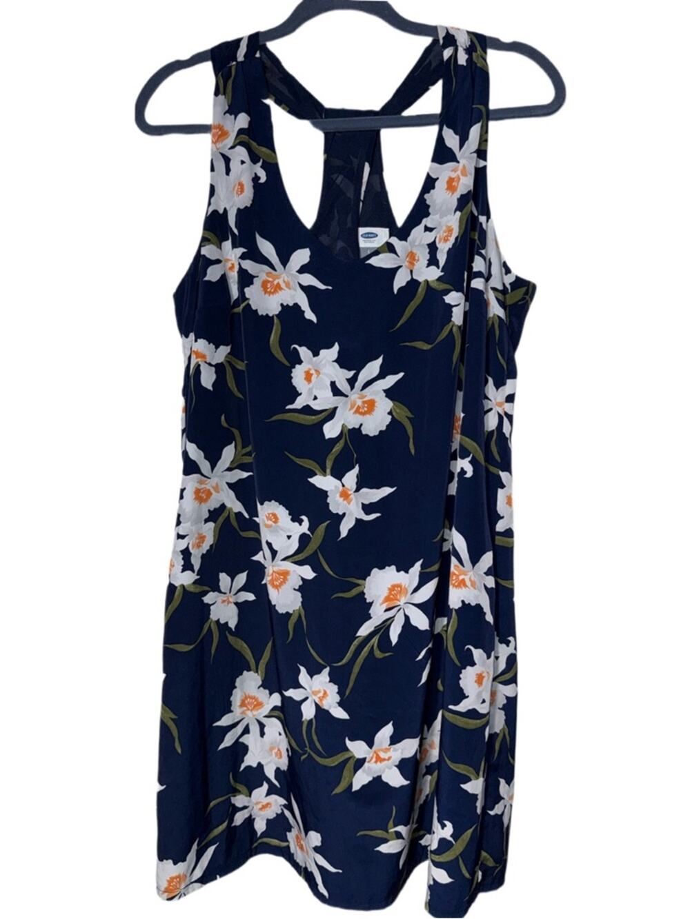 Old Navy Navy Floral Tank Dress with White & Orange Blooms Sz Large